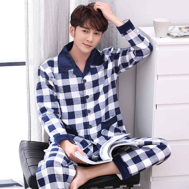 J & Q Новые пижамы Homme двойными бортами хлопковые De Hombre зимние мужские теплые Masculino
