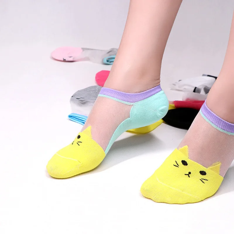 

Cute Transparent Mesh Low 3D Cat Socks Spring and summer Women New cartoon cute cat Pattern Crystal Silk Socks Ultrathin