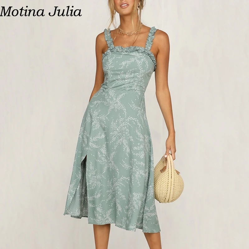 Женское длинное платье Motina Julia Пляжное из сплит шифона с принтом и рюшами на