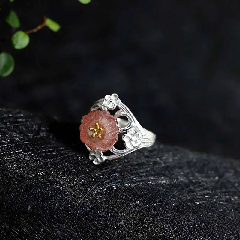 Guaranteed 925 Silver Sterling Ring Engagement Womens Jewellery Natural Strawberry Quartz Opening Type Fine Jewellery