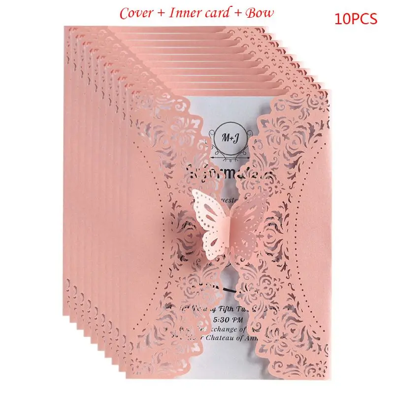  10pcs/set Glitter Laser Cut Lace Wedding Invitation Cards With Butterfly Bow For Wedding Bridal Sho - 33045668964