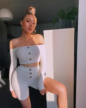 

The latest fashion in 2019, sexy women's wear white tight women's wear split two-piece suit, bra-wiped shoulder long sleeve