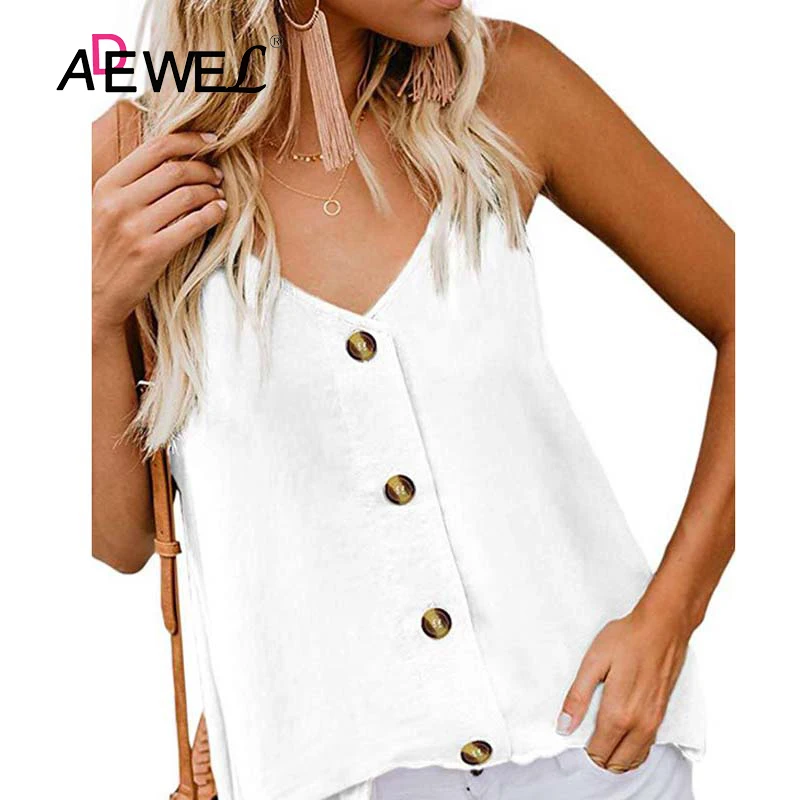 

ADEWEL Summer Button Women Tops Sleeves Casual V Neck Vest Stretchable Womens Tops and Blouses Black White Female Shirt Blusas