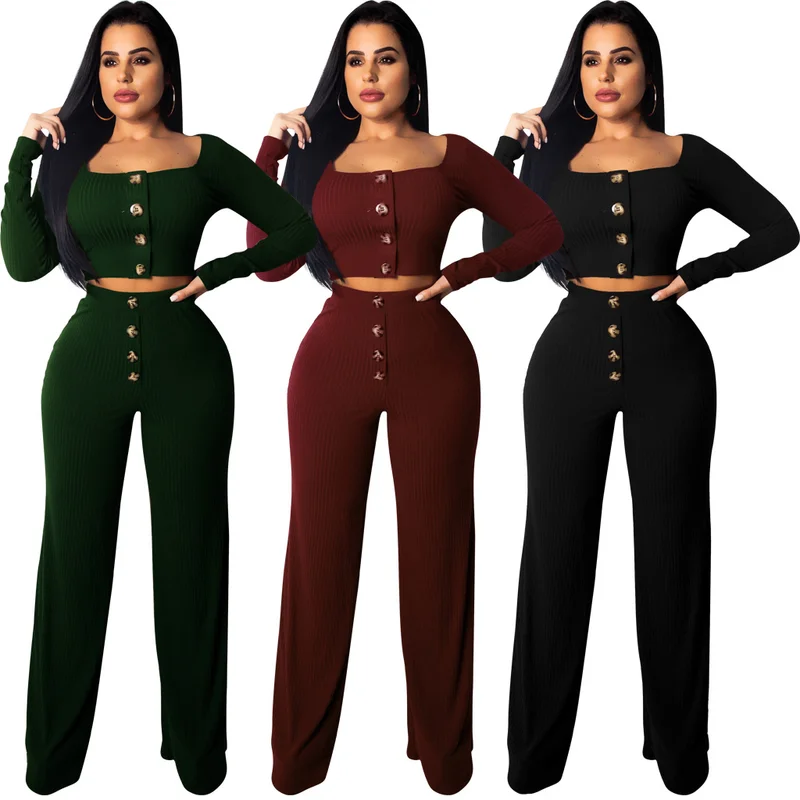 Women Knitted Rib Sexy 2 Piece Set Women 2018 Winter Autumn Casual Gray