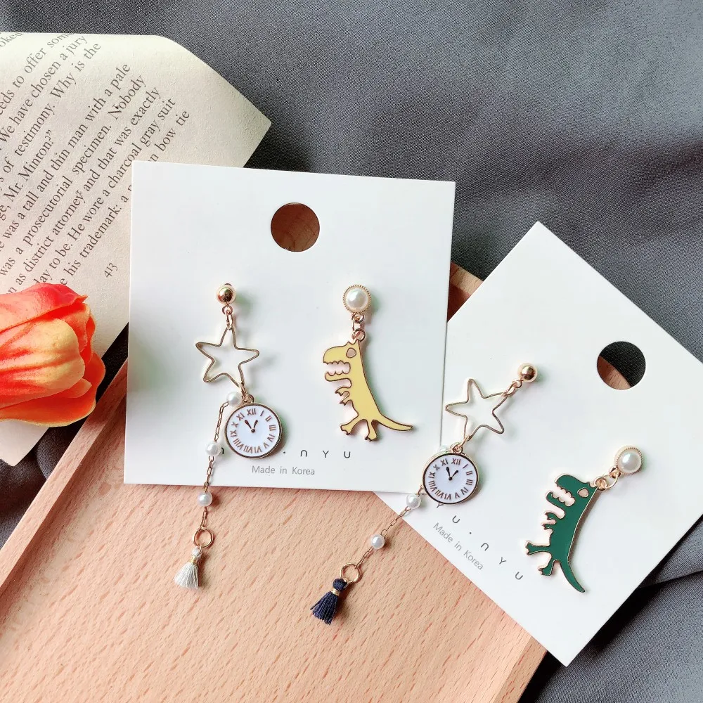 

SQUERIM Cute Exquisite Dinosaur Clock Drop Earrings Punk Party Korean Earring For Women Fashion Jewelry Wholesale Bijoux