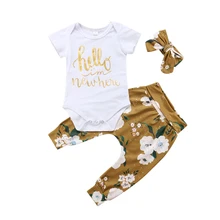 Новорожденных Топ для маленьких девочек письмо с коротким рукавом комбинезон шорты с цветочным принтом Леггинсы повязки; одежда