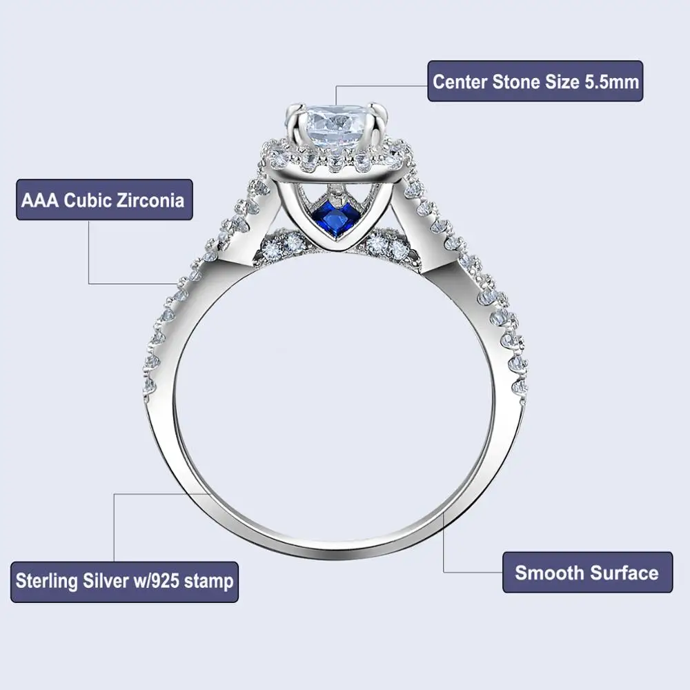 Newshe 3 Pcs Wedding Rings for Women Solid 925 Sterling Silver 1.3 Ct AAA CZ Blue Crystal Engagement Ring Set Trendy Jewelry