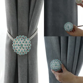

Crystal Flower Curtain Tie Backs Window Decor Flower Magnetic Punch-free Installation Buckle Clip Steel Wire Strap Tassels