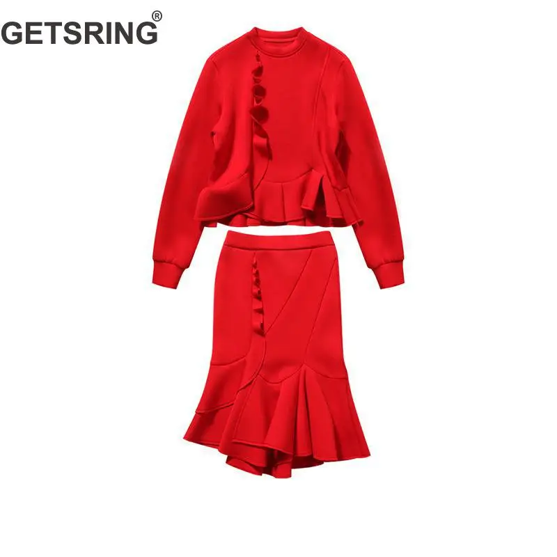 

GETSRING Women's Sets Hoodies Lotus Leaf Long Sleeved Shirt High Waist Mermaid Skirt 2 Piece Set Women Suit Lady Suit Autumn New