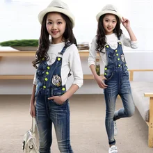 Girls Denim Bib Pants Girls 2-12years Button Trim Braces Suspenders Retro Pants For Girl Special Teenager Denim Rompers