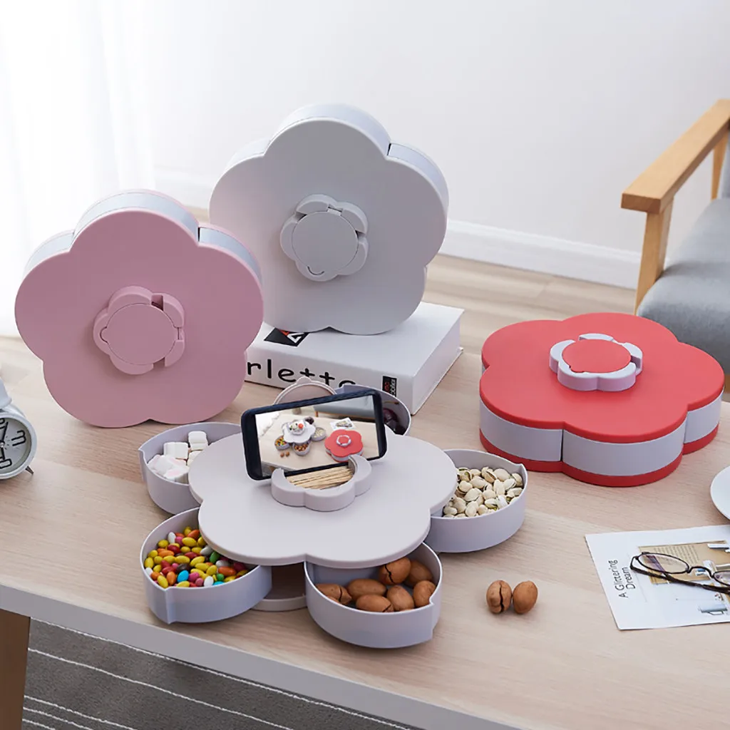 

Bloom Rotating Snack Box Flower Design Candy Food Storage Box Jewelry Organizer Travel Medicine Box Dispenser Storage Box