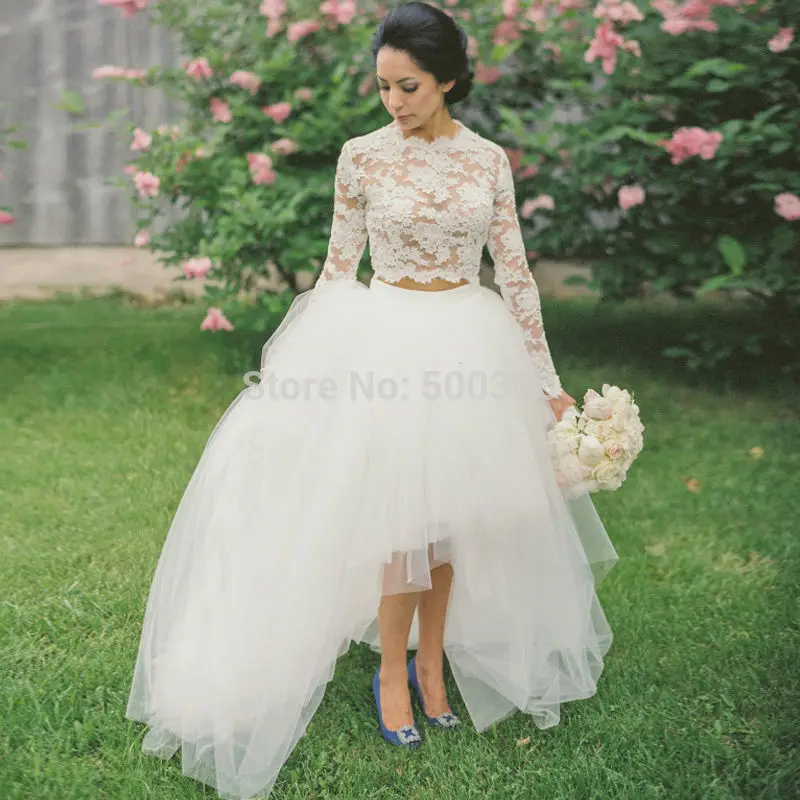 White Tulle And Lace Two Piece Wedding Dress 2016 Long Sleeves