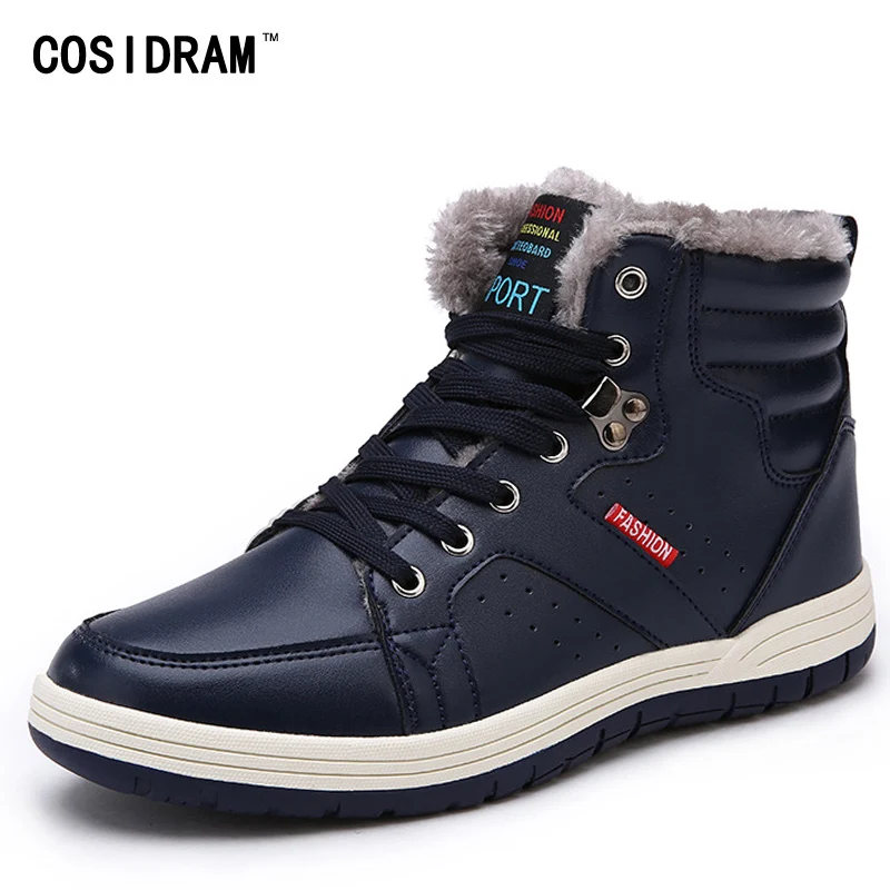 COSIDRAM Warm Winter Shoes Men Boots PU Leather Ankle Snow Boots With