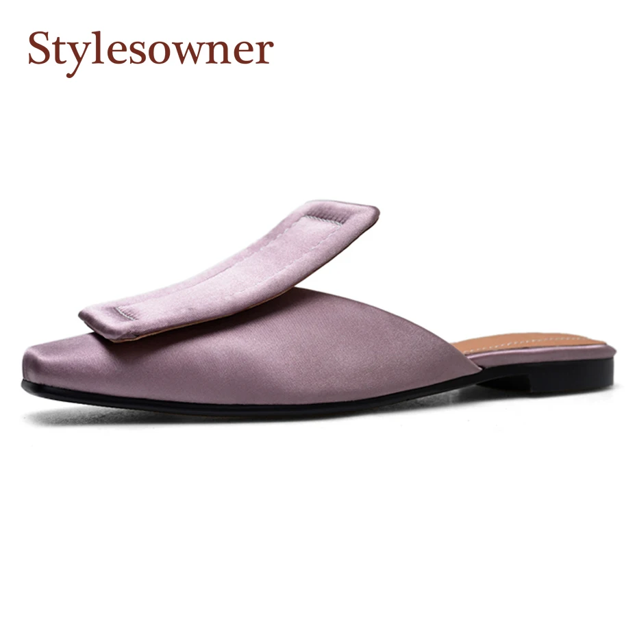 Stylesowner square cover toe women slippers luxury silk square buckle