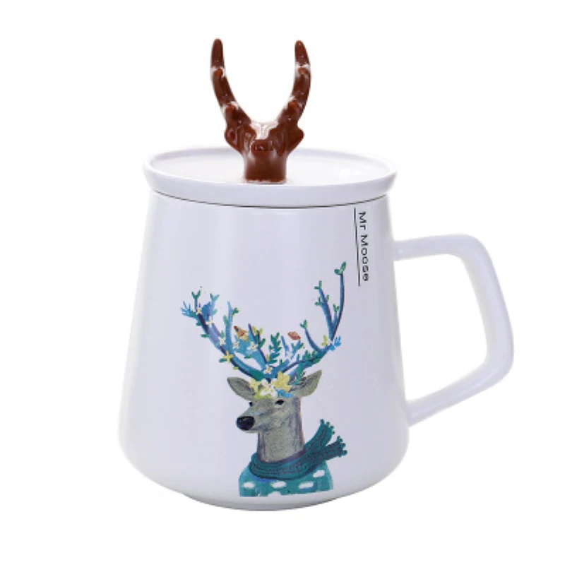 

450ml Creative 3D Animal Deerhorn Coffee Ceramic Mug Cup With Lid Handgrip Milk Breakfast Water Cup For Lovers Student Gift