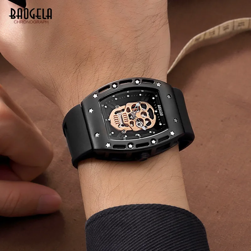  Baogela Fashion Mens Skeleton Skull Luminous Quartz Watches Military Style Black Silicone Rectangle