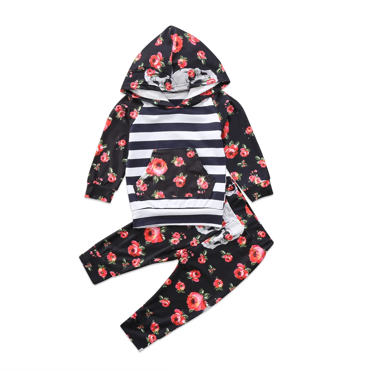 Baby Clothing Set 2017 Autumn hooded Baby Sweatshirt Fashion Newborn Baby Girl Floral Hooded Tops Pants 2Pcs Outfits Set Clothes