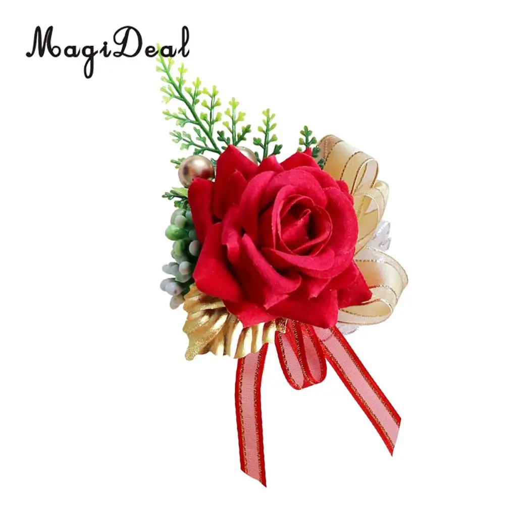 Romantic Artificial Rose Flower Pearls Wedding Corsage Boutonniere for Bridal Groom Fancy Dress