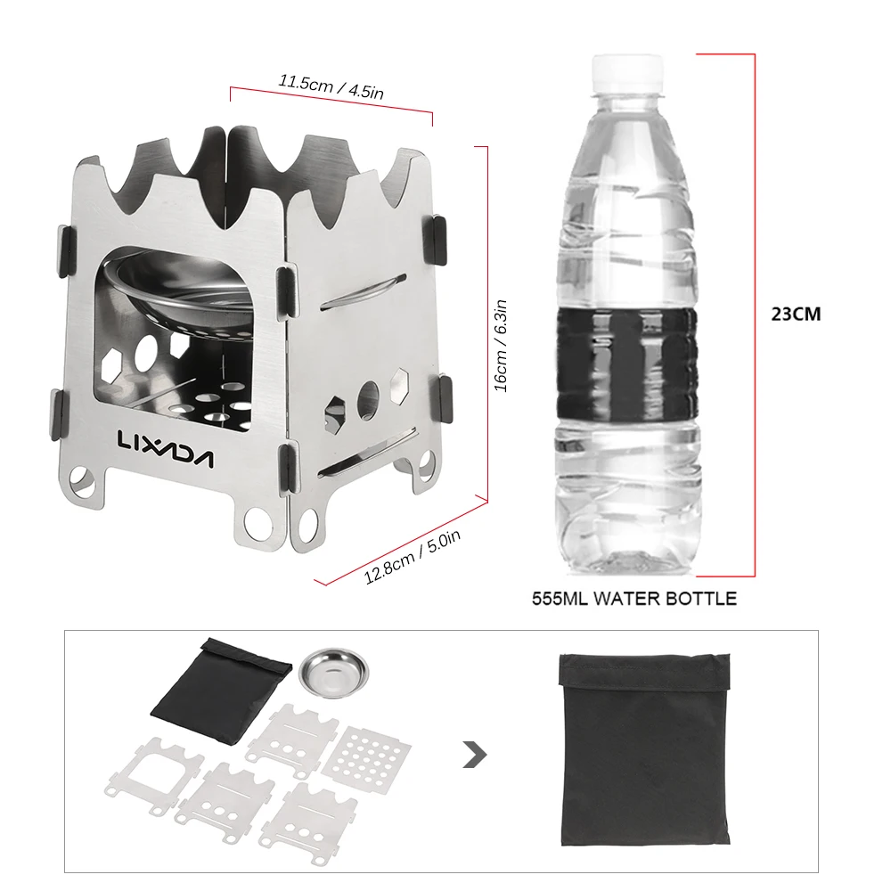 Lixada Складная дровяная плита для спорта на открытом воздухе походная плита с спиртовым поддоном Сверхлегкая карманная горелка из нержавеющей стали для пикника и пешего туризма