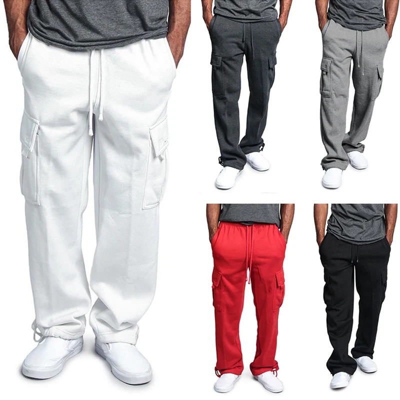 

2019 Men New Casual Long Loose Cargo Pants Gym Sports Jogger Running Sweatpants Red Black White