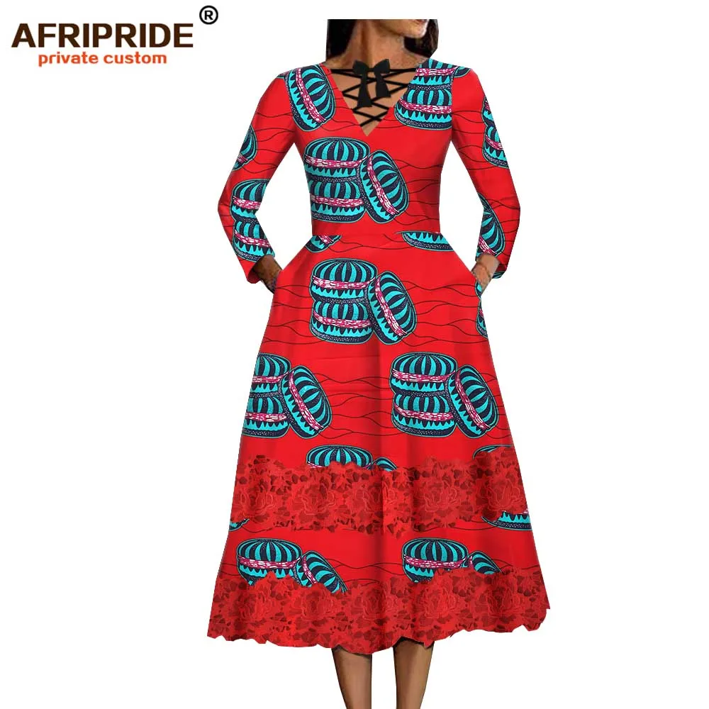 

african dashiki batik dress for women AFRIPRIDE bazin richi V-neck mid-calf length women ankara print cotton dress A1925008
