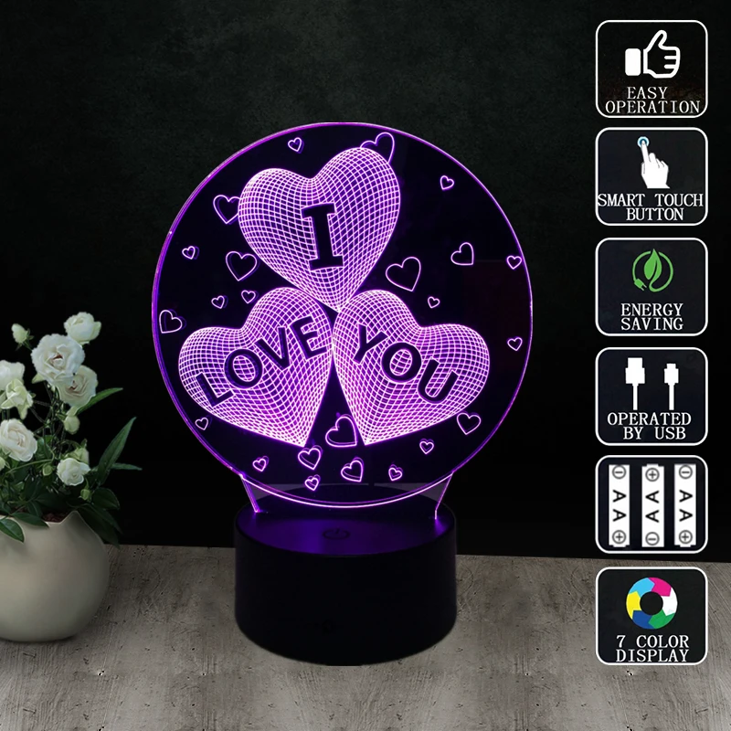 3 Hearts Night light 3D Table Lamp Romantic LED Colores Bedside Lampe Home Decor Lighting Lampara Veilleuse Power Bank | Лампы и