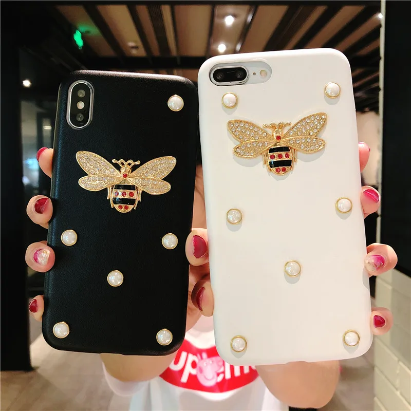 

LOVECOM Fashion Bling Glitter Exquisite Crystal Bee Case For iPhone X 7 8 Plus 6 6S Plus Full Body Soft Leather Phone Back Cover