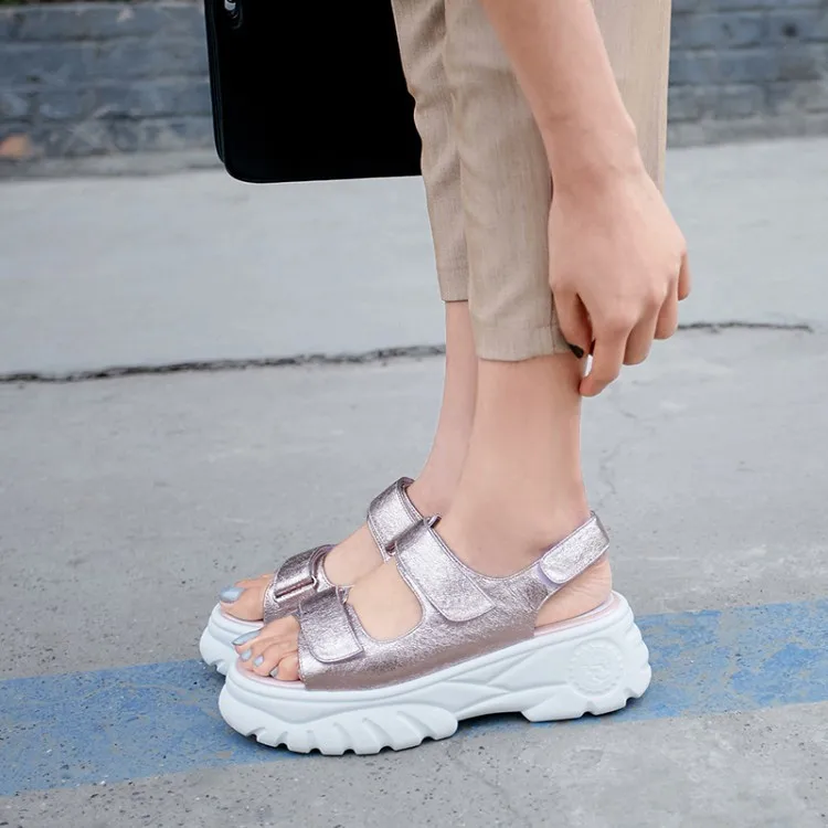 

PXELENA Luxury Real Genuine Sheepskin Leather Women Sandals Flat Thick Platform Leisure Sport Comfortable Hook Loop Walk Shoes