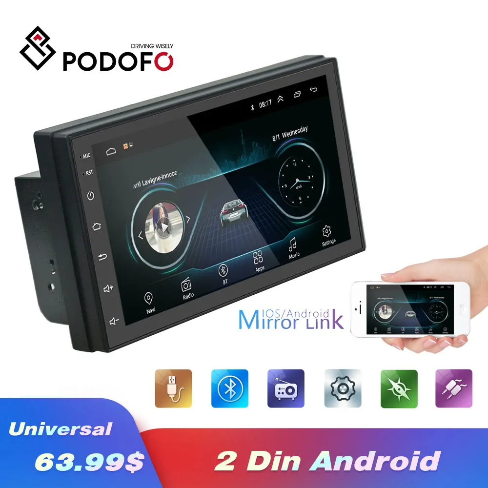 

Podofo 2 Din Android Car radio Multimedia Video Player auto Stereo GPS MAP Car Multimedia Player Mirror Link Autoradio Stereo