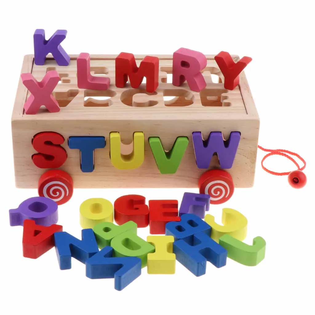 Wooden Shapes Sorter Bus Pull Along Car Early Development Toys for Toddlers Color Shapes Cognition Learning - Letter
