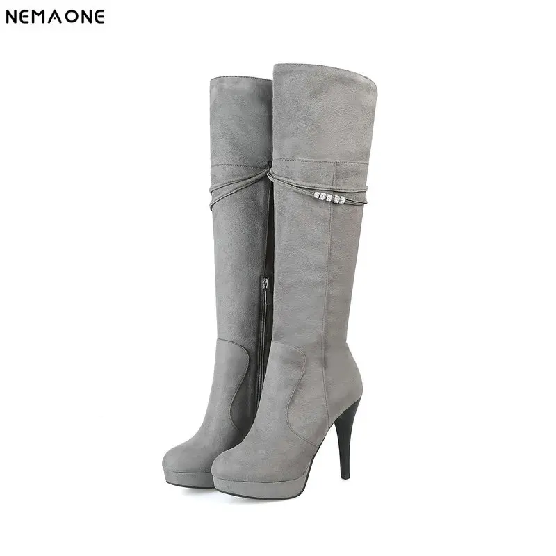 

New super high Heels women knee boots rouned toe platform ladies spring autumn Boots party dress shoes woman large size 43