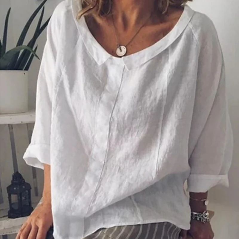 

LAAMEI Women Tops Blouses 2019 Torridity Casual Full-quarter Sleeve Solid Lapel Linen Cotton Blouse Female Shirt Blouse Plus Size