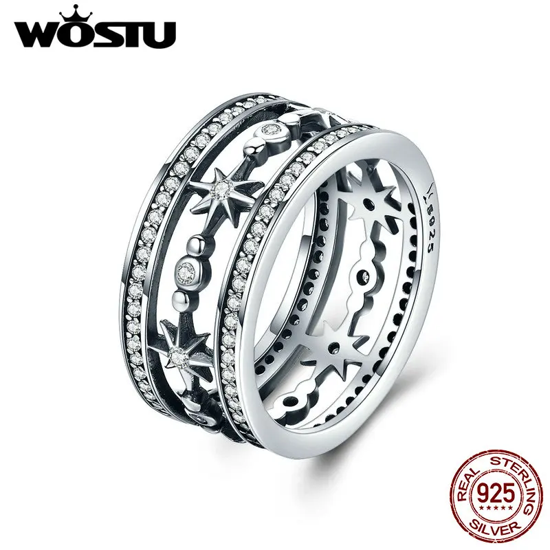

WOSTU Authentic 100% 925 Sterling Silver Cocktail Sparkling Star Female Wide Rings for Women Luxury Silver Jewelry Anel CQR258
