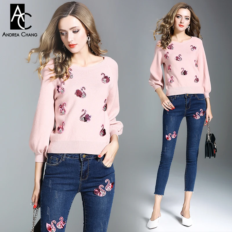 Autumn Winter Woman Outfit Pink Sweater Dark Blue Jeans Denim Pants Beading Swan Pattern Applique Fashion Cute Two Piece Outfit Outfit Fashion Women Outfitswomen Autumn Outfits Aliexpress