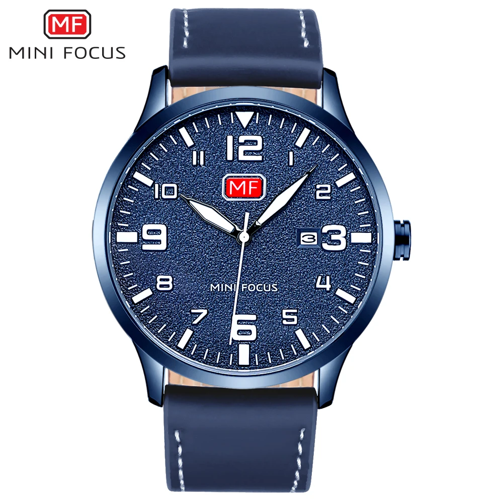 Billig MINI FOKUS männer Armee Sport Quarz Uhren Lederband Wasserdicht Große Zahlen Armbanduhr Mann Relogios Masculino 0158 Blau