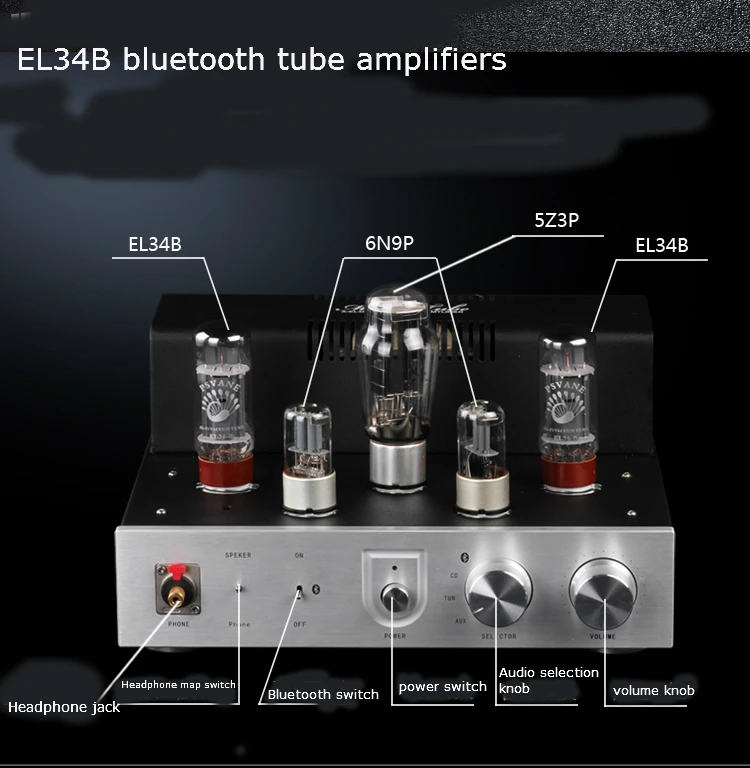 TIANCOOLKEI Модернизированный BT-EL34 10 Вт+ 10 Вт вакуумный ламповый одноконцевый усилитель с Bluetooth 4,0 и аудио усилитель для наушников