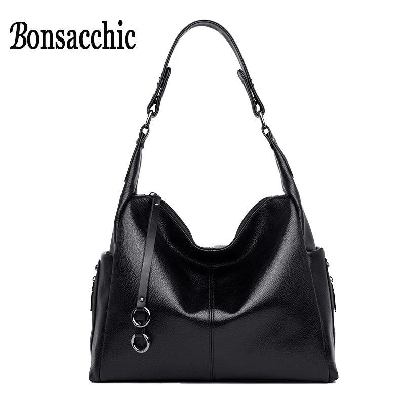 Bonsacchic Genuine Leather Ladies Handbags Luxury Handbags Women Hobo Bags Designer Black Leather Tote Bag for Women 2019 Bolsas