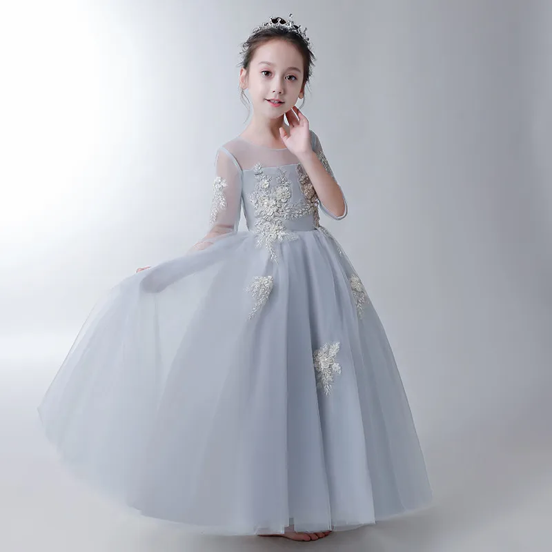 

2018 Beauty Gray Color Embroidery Flowers Girl Birthday Party Communion Long Dress Kids/Children Dress for Wedding Costume Dress