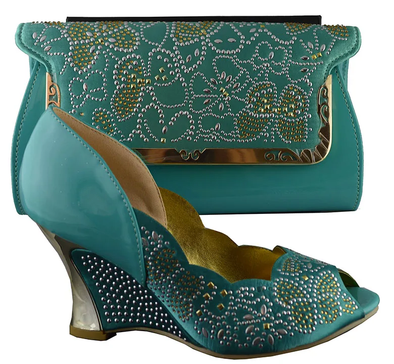 teal green shoes and bag