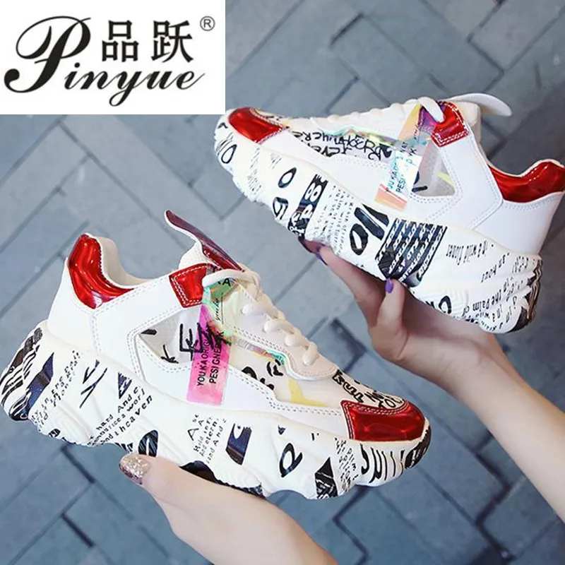 

2019 Spring/Summer Chunky Sneakers Women Shoes Harajuku Casual Breathable Mesh Graffiti Sole Platform White Sneakers
