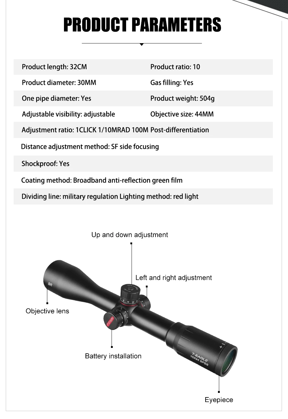 T-Eagle 10X44 SFSS охотничьи оптические прицелы боковая параллакса стекло гравированное сетка увеличение 10X область башенки замок сброс фиксированный прицел