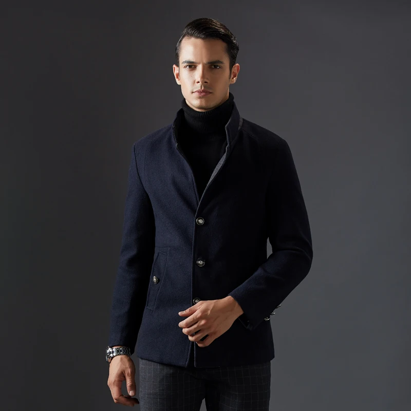 Приталенное модное однобортное пальто, мужская деловая Повседневная Длинная шерстяная Зимняя Теплая мужская куртка, Мужская брендовая одежда - Цвет: Dark Blue