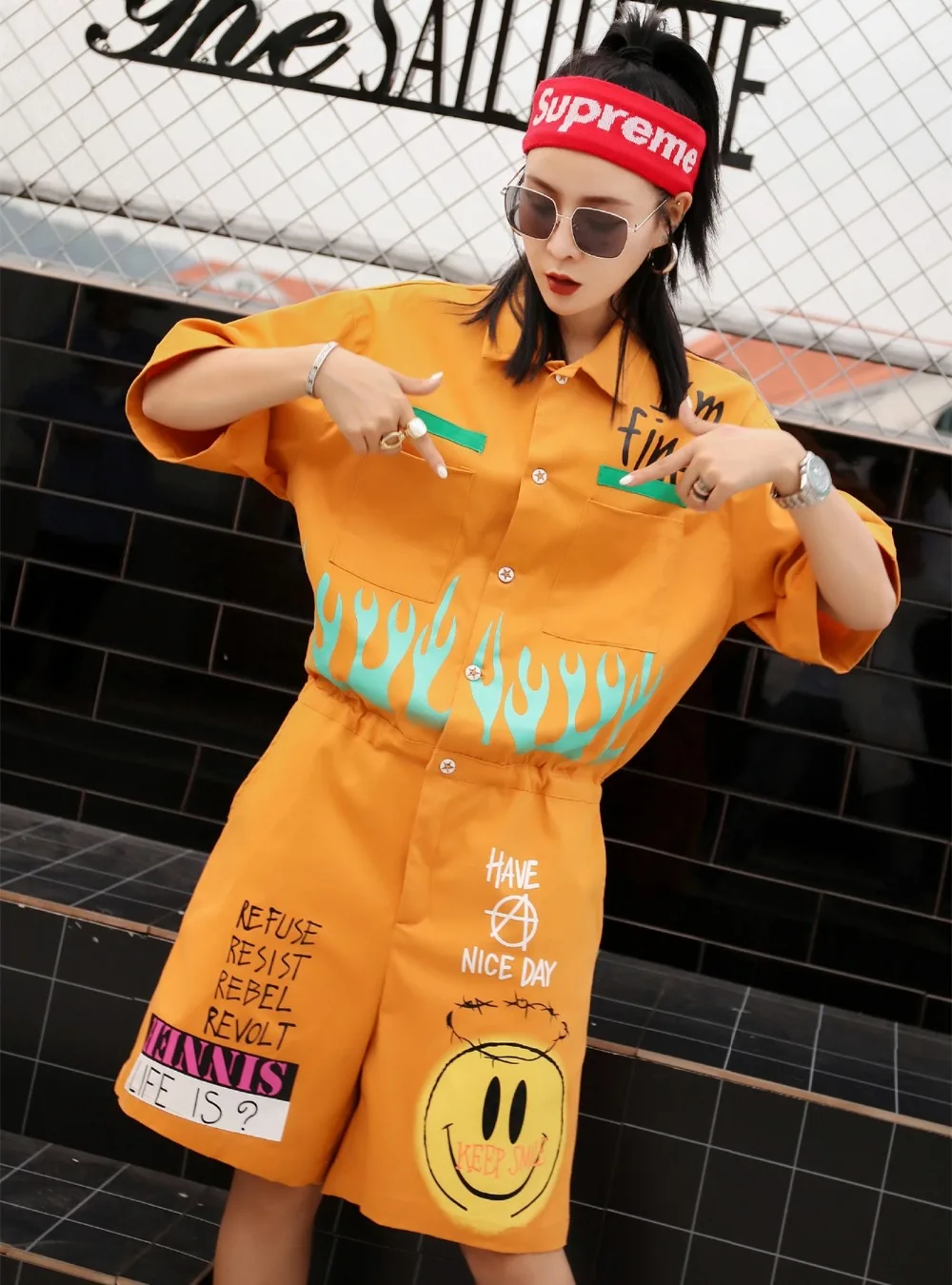 Женский Harajuku печати летние шорты брюки для девочек High Street комбинезоны с коротким