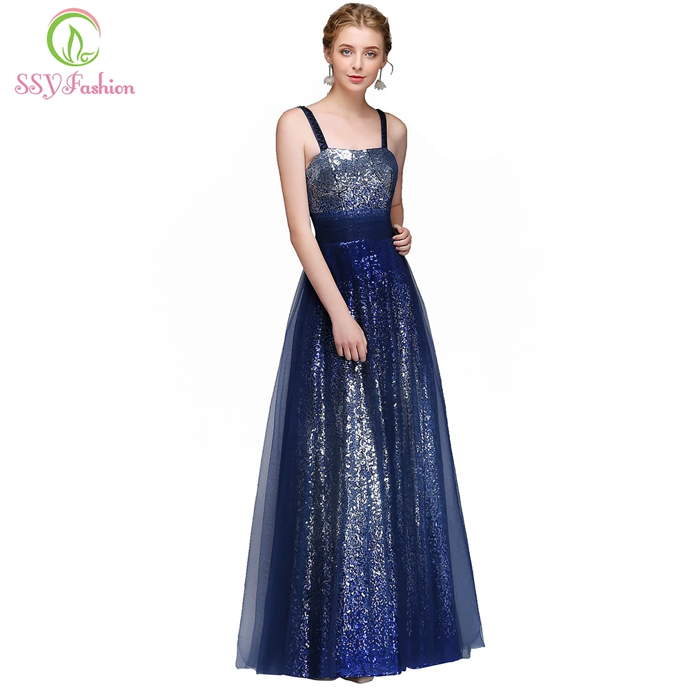 

Clearance Blue Evening Dress the Banquet Sexy Strap Sequins Blingbling Prom Formal Gown