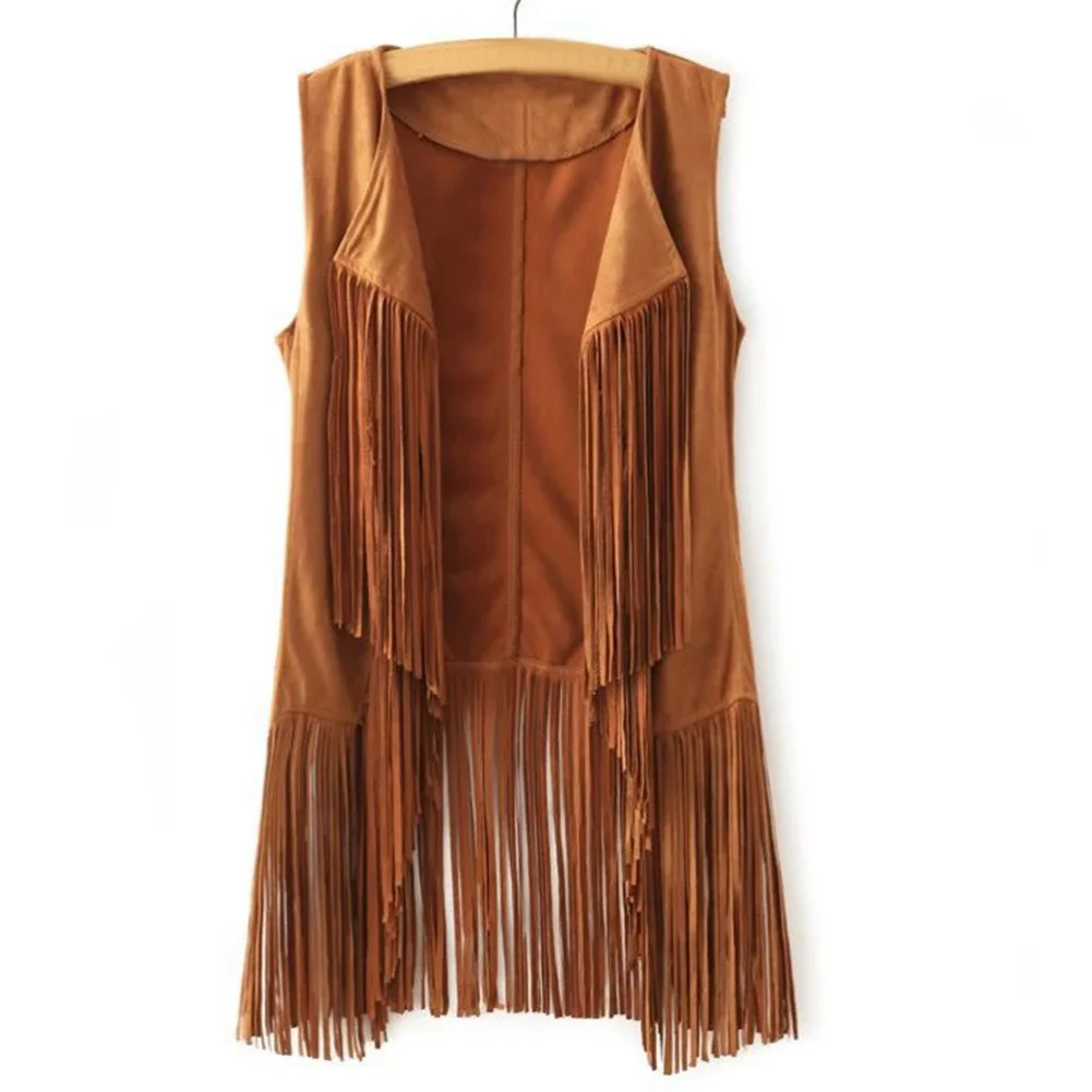 Women Autumn Spring Vest Long Tussals Waistcoat Faux Suede Ethnic