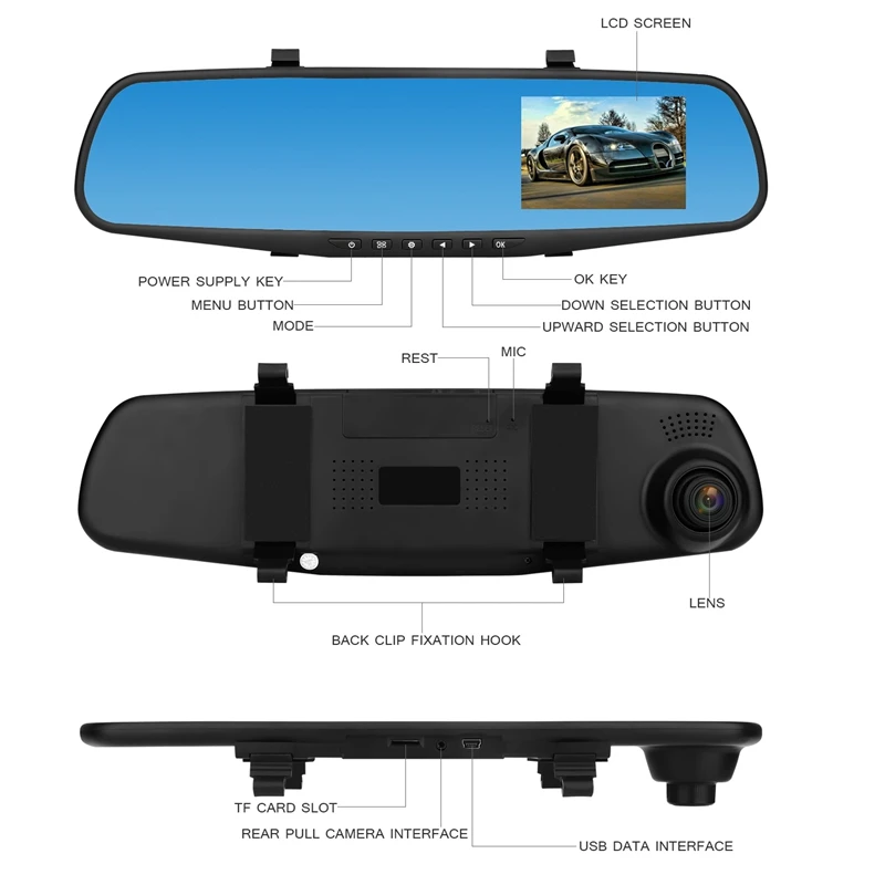 3," Автомобильный видеорегистратор с двумя объективами камера HD 1080P зеркало заднего вида видео видеорегистратор