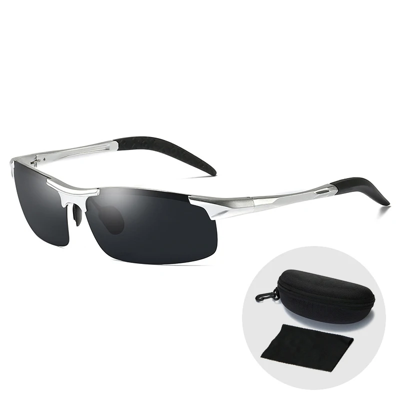 Silver-Grey Lens Модные Винтажные Брендовые спортивные поляризованные солнцезащитные очки мужские уличные очки для вождения классические прямоугольные UV400 Солнцезащитные очки с чехол на молнии - Цвет линз: Silver-Grey Lens