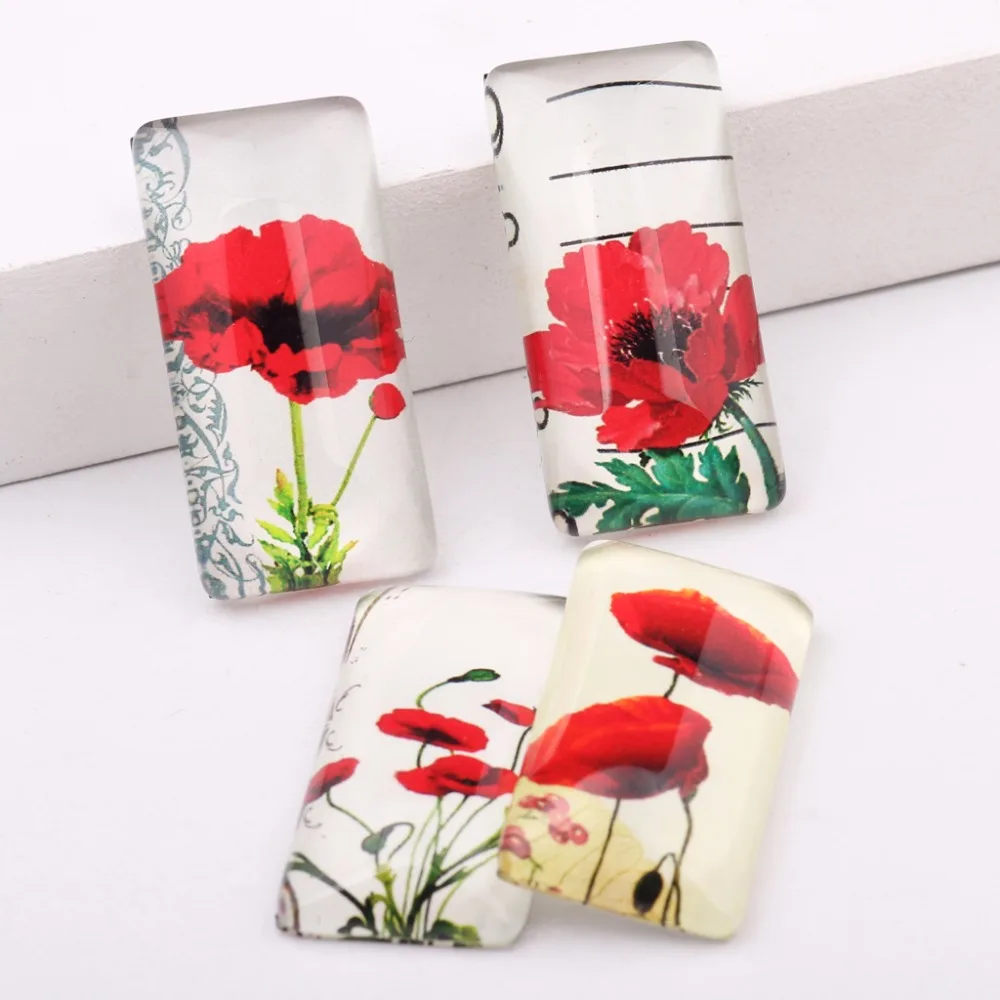 

reidgaller 10pcs 19*38mm rectangle glass cabochon mix flatback handmade poppy flower photo jewelry findings for pendants making