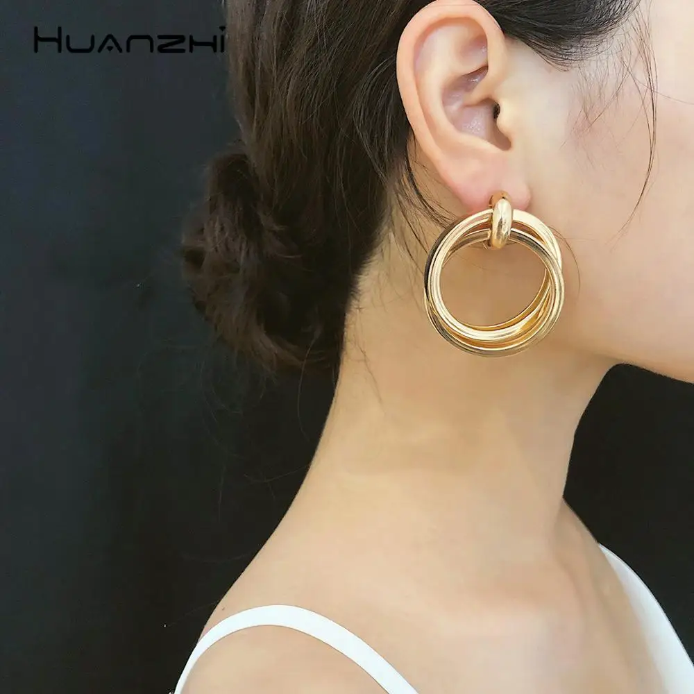

HUANZHI 2019 Punk Exaggeration Geometric Multilayer Circle Round Winding Gold Metal Plated Long Drop Earrings for Women Jewelry