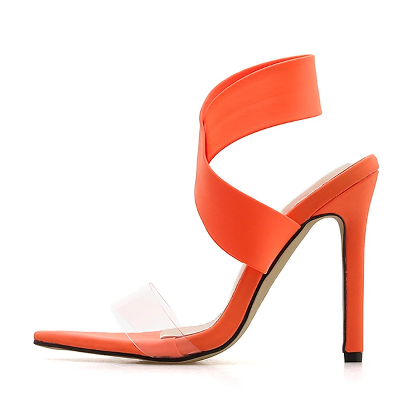 Big Size 35-42 Orange Yellow Thin Heels Women Pumps Slip on Stretch Fabric Women's Shoes Sexy Clear PVC Pointed Toe Party Pumps